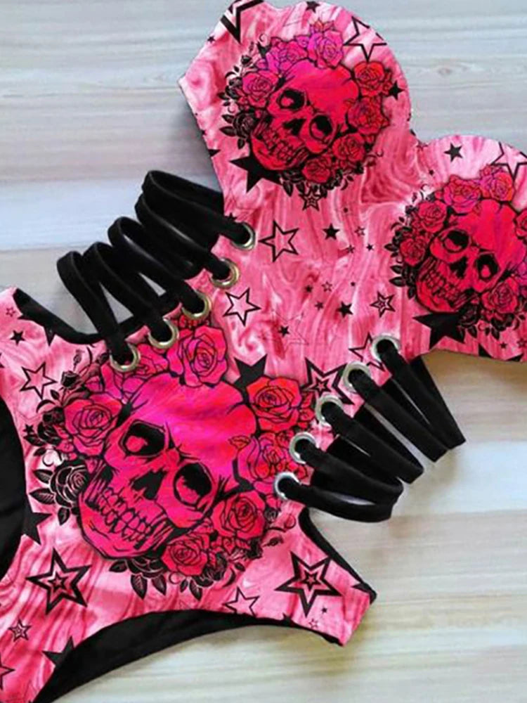 Plus Size Sexy Bikini  One Piece Swimsuit Hollow Out Skull Print Strapless Summer Closed Push Up Women's Swimming Bathing Suits