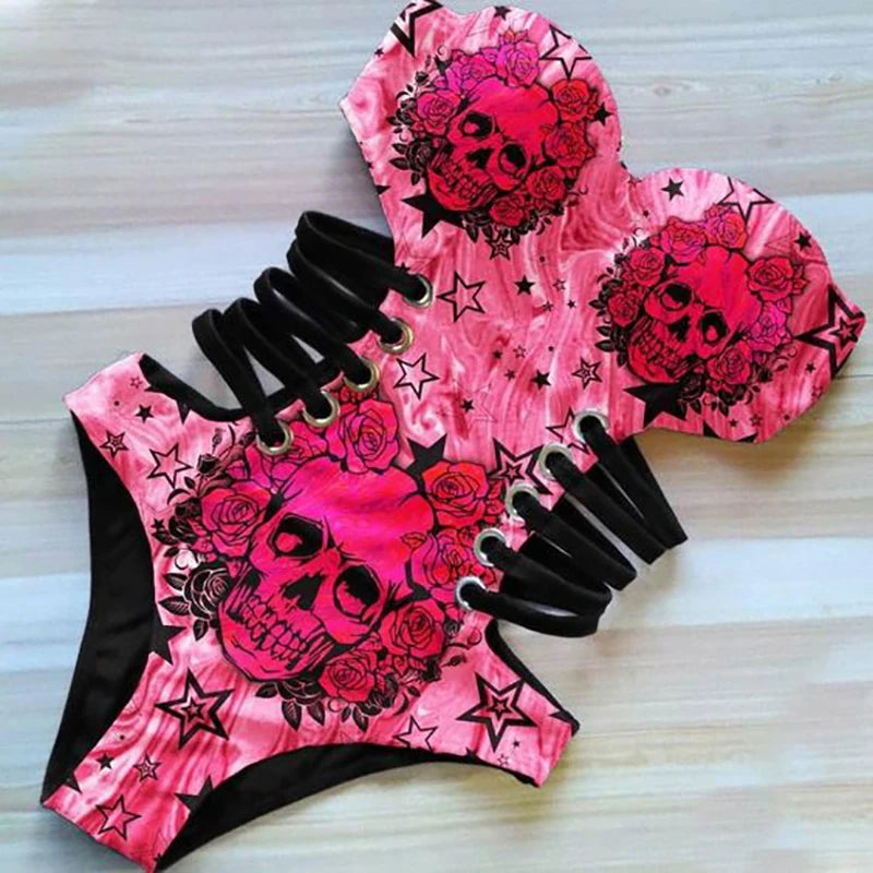 Plus Size Sexy Bikini  One Piece Swimsuit Hollow Out Skull Print Strapless Summer Closed Push Up Women's Swimming Bathing Suits