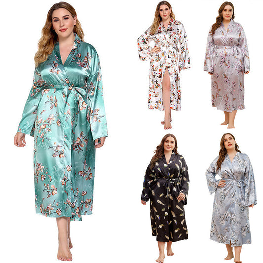 Plus-Size Long Robe for Women: Floral Print Silk Bathrobe with V-Neck Sleepwear